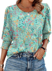 Willow 3/4 Sleeve Blouse | Smocked Cuffs & Curved Hem