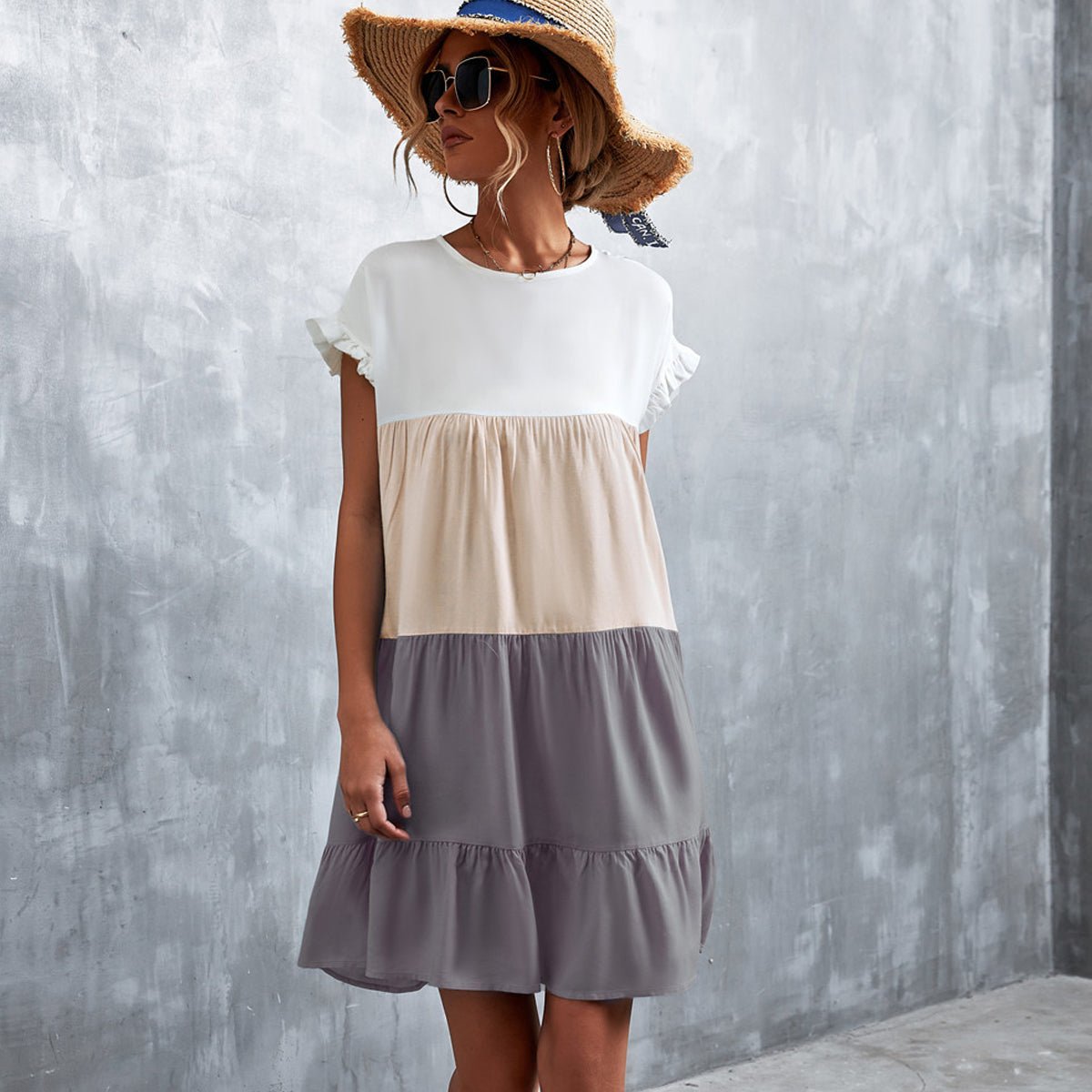 Fashion Color Block Round Neck Casual Dress Beachsissi