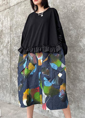 100% black patchwork print tunic pattern o neck Ruffles Art Dresses dylinoshop