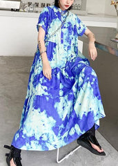 100% blue print cotton tunics for women stand collar patchwork Plus Size Dresses dylinoshop