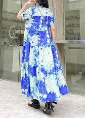 100% blue print cotton tunics for women stand collar patchwork Plus Size Dresses dylinoshop
