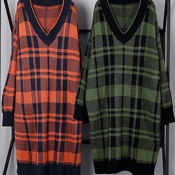 100% side open Cotton v neck dresses Shape red plaid Dresses dylinoshop