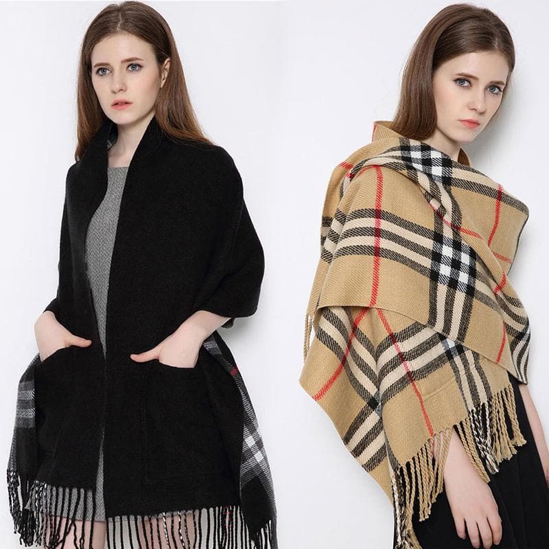 Plaid Shawl Wrap With Pockets giftpockets