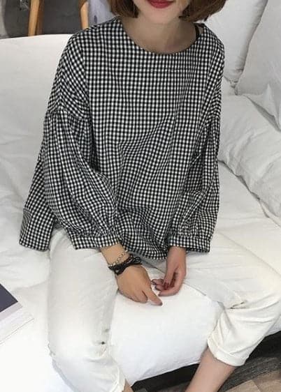 French Plaid Cotton Women Fine Sewing Asymmetric Plus Size Clothing Blouse LTP190129