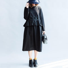 2021 fall vintage black cotton dresses baggy loose ruffles long sleeve casual dress dylinoshop