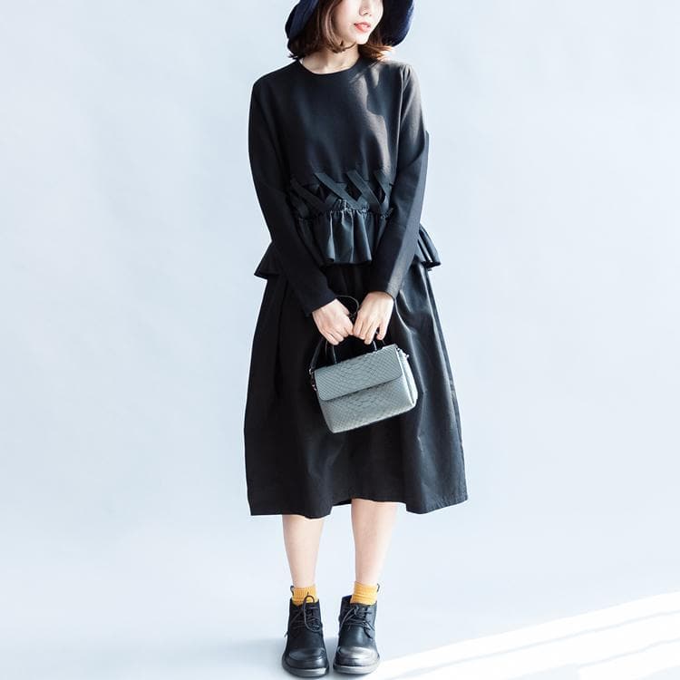 2021 fall vintage black cotton dresses baggy loose ruffles long sleeve casual dress dylinoshop