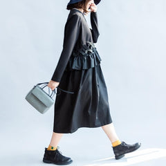 2021 fall vintage black cotton dresses baggy loose ruffles long sleeve casual dress dylinoshop