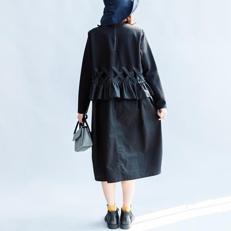 2021 fall vintage black cotton dresses baggy loose ruffles long sleeve casual dress dylinoshop