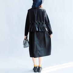 2021 fall vintage black cotton dresses baggy loose ruffles long sleeve casual dress dylinoshop