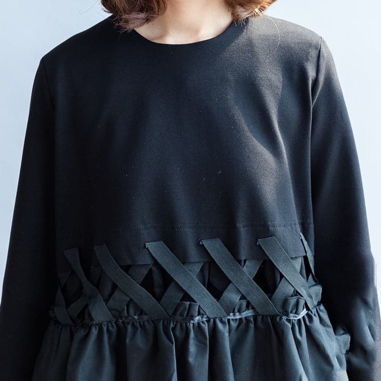 2021 fall vintage black cotton dresses baggy loose ruffles long sleeve casual dress dylinoshop