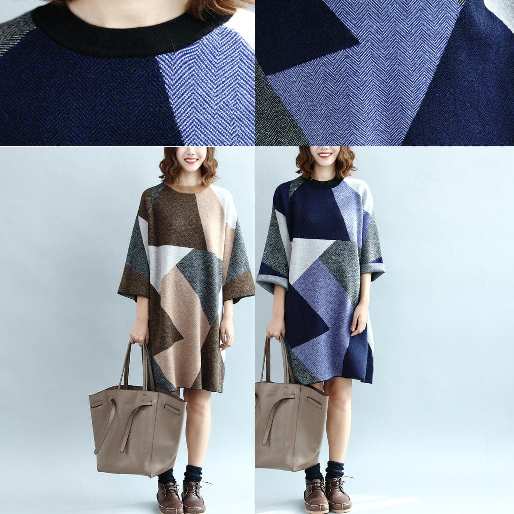 2021 geometric patchwork cotton knit dresses plus size casual bracelet sleeved sweater dress dylinoshop