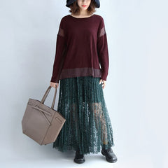 2021 new burgundy patchwork woolen blended knit tops plus size pullover sweater side open dylinoshop