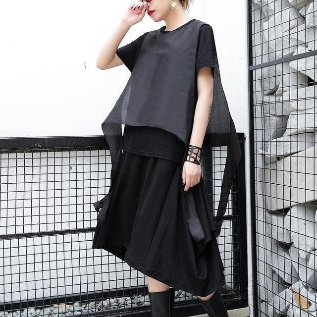 2019 black pure linen tops plus size traveling clothing casual patchwork faux two pieces tops dylinoshop
