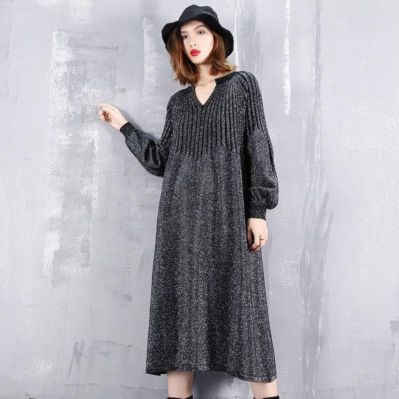 2021 black sweater dress plus size v neck sweater vintage baggy Cinched winter dress dylinoshop