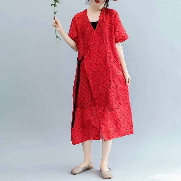 2018 red striped long cotton linen dress oversized v neck tie waist cotton linen clothing dresses boutique short sleeve kaftan dylinoshop