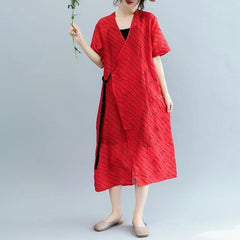 2018 red striped long cotton linen dress oversized v neck tie waist cotton linen clothing dresses boutique short sleeve kaftan dylinoshop