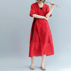 2018 red striped long cotton linen dress oversized v neck tie waist cotton linen clothing dresses boutique short sleeve kaftan dylinoshop