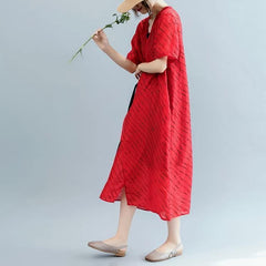 2018 red striped long cotton linen dress oversized v neck tie waist cotton linen clothing dresses boutique short sleeve kaftan dylinoshop