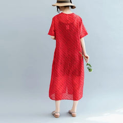 2018 red striped long cotton linen dress oversized v neck tie waist cotton linen clothing dresses boutique short sleeve kaftan dylinoshop