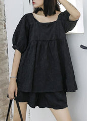 2021 women's summer fashion western style bubble sleeve black top and shorts two-pieces dylinoshop