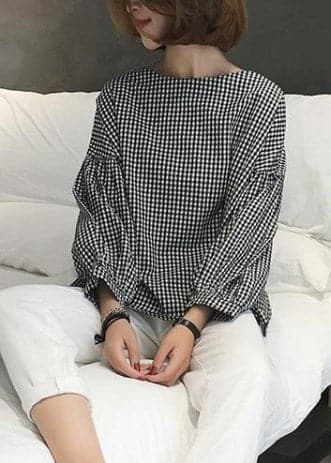 French Plaid Cotton Women Fine Sewing Asymmetric Plus Size Clothing Blouse LTP190129