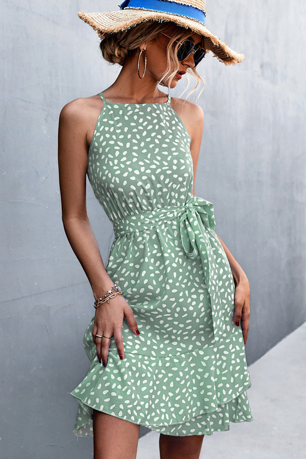 Fashion Print Tie Waist Ruffle Hem Mini Dress Beachsissi