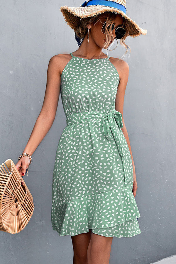 Fashion Print Tie Waist Ruffle Hem Mini Dress Beachsissi