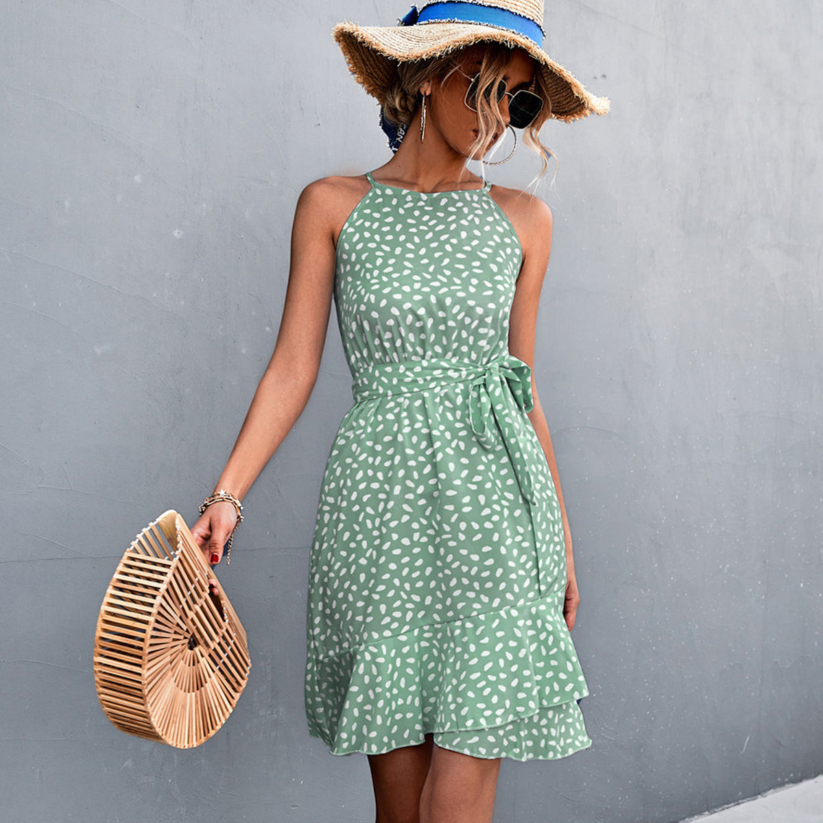 Fashion Print Tie Waist Ruffle Hem Mini Dress Beachsissi