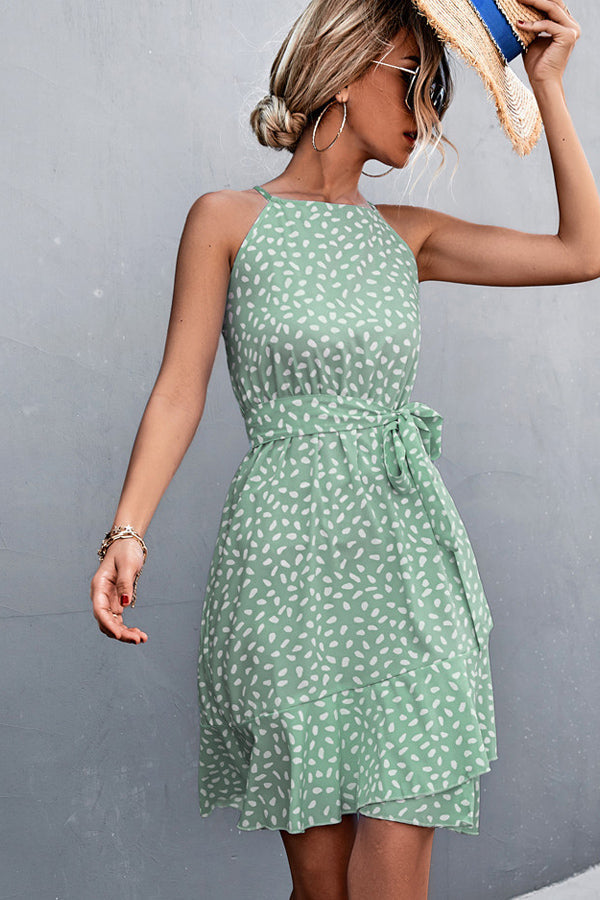 Fashion Print Tie Waist Ruffle Hem Mini Dress Beachsissi