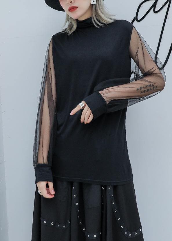 Art high neck cotton clothes Outfits black patchwork tulle sleeve blouses AT-LTP190903