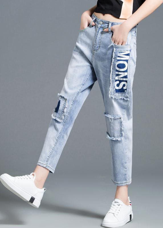 Beautiful Light Blue High Waist Letter Print Cotton Denim Jeans Summer NZ-CPTS220627