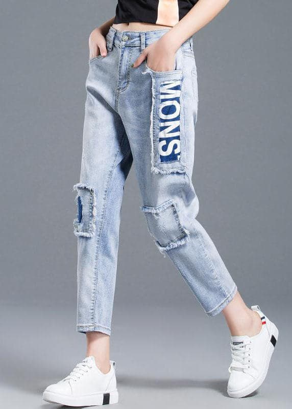 Beautiful Light Blue High Waist Letter Print Cotton Denim Jeans Summer NZ-CPTS220627