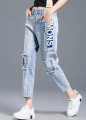 Beautiful Light Blue High Waist Letter Print Cotton Denim Jeans Summer NZ-CPTS220627