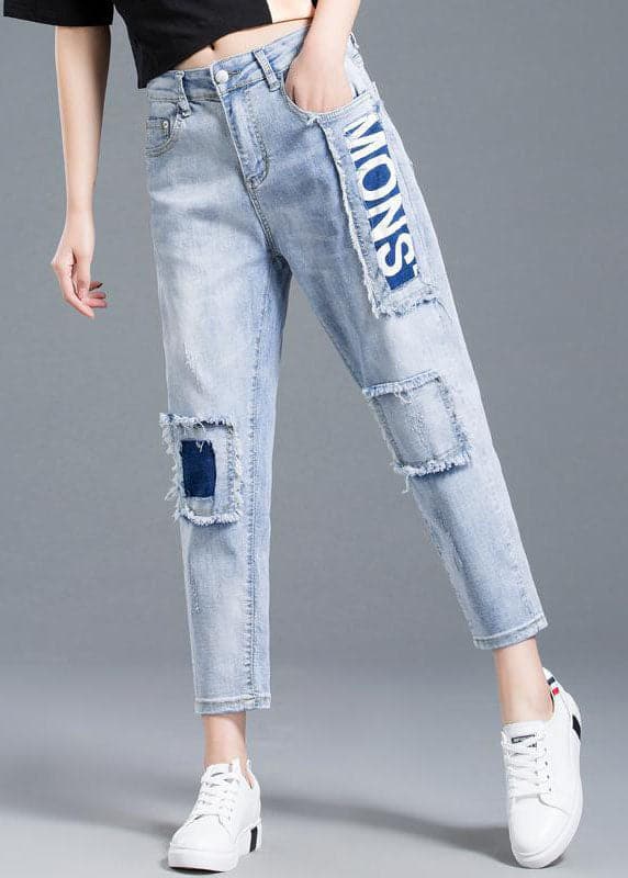 Beautiful Light Blue High Waist Letter Print Cotton Denim Jeans Summer NZ-CPTS220627