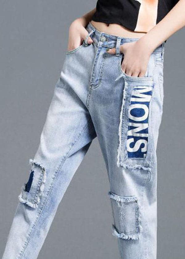 Beautiful Light Blue High Waist Letter Print Cotton Denim Jeans Summer NZ-CPTS220627