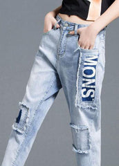 Beautiful Light Blue High Waist Letter Print Cotton Denim Jeans Summer NZ-CPTS220627