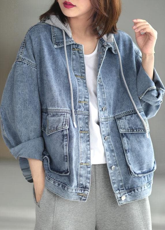 Beautiful Light Denim hooded Pockets Button Fall Long sleeve Coat XS-CTS210901