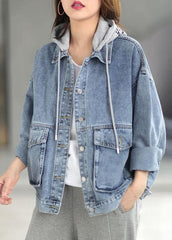 Beautiful Light Denim hooded Pockets Button Fall Long sleeve Coat XS-CTS210901