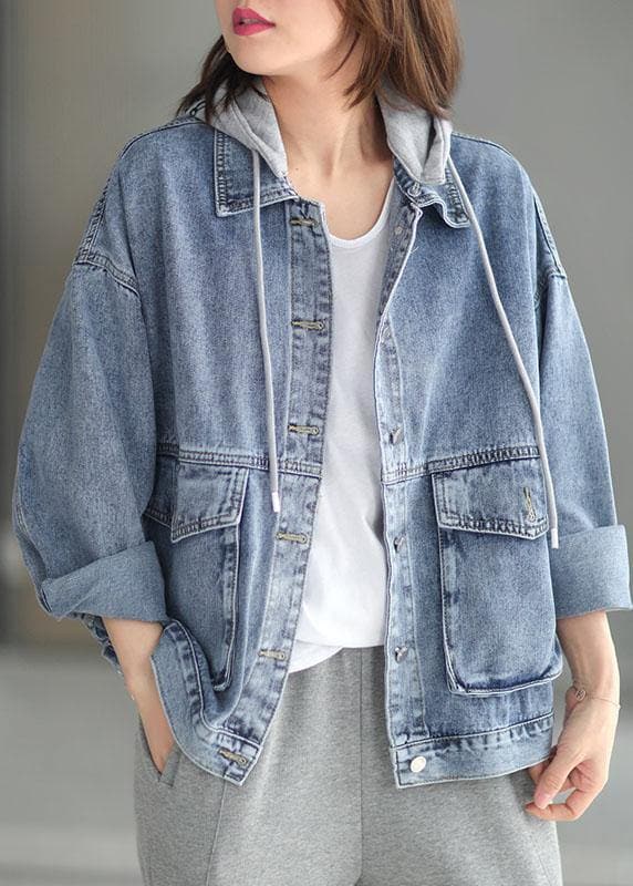 Beautiful Light Denim hooded Pockets Button Fall Long sleeve Coat XS-CTS210901