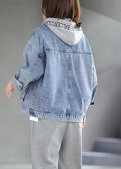 Beautiful Light Denim hooded Pockets Button Fall Long sleeve Coat XS-CTS210901
