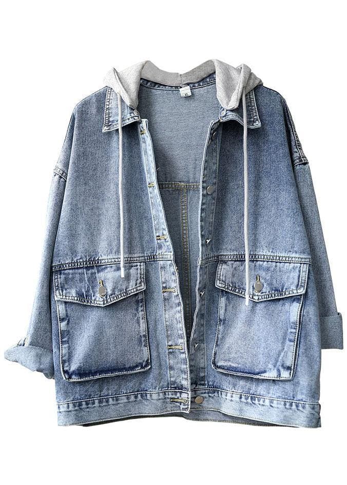 Beautiful Light Denim hooded Pockets Button Fall Long sleeve Coat XS-CTS210901