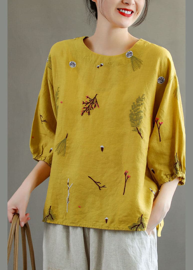 Beautiful Yellow O-Neck Embroideried Linen Tank Top Lantern Sleeve GK-HTP220804