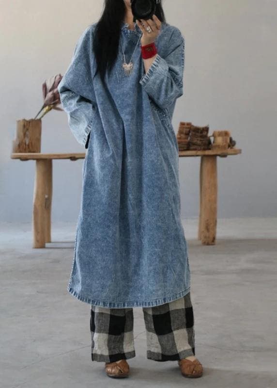 Beautiful cotton dress Fashion Retro Solid Color Frog Denim Blue Loose Dress FDL190726