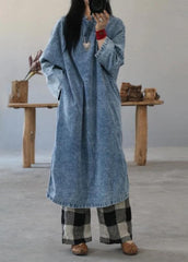 Beautiful cotton dress Fashion Retro Solid Color Frog Denim Blue Loose Dress FDL190726