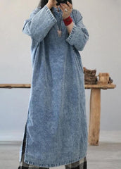 Beautiful cotton dress Fashion Retro Solid Color Frog Denim Blue Loose Dress FDL190726