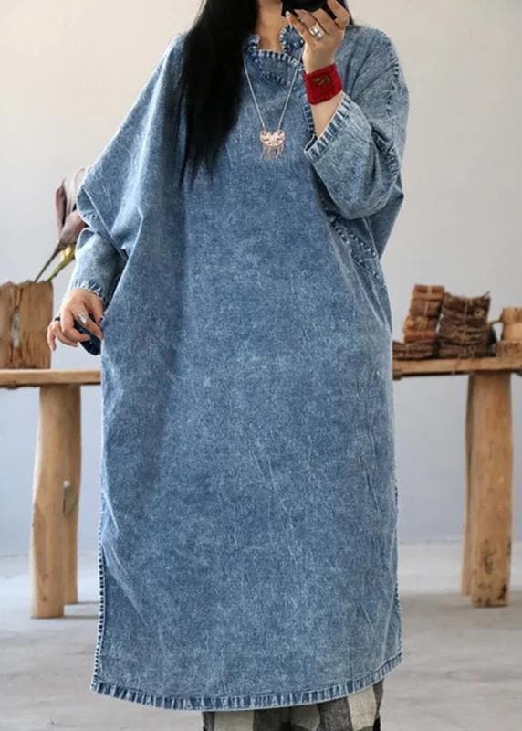 Beautiful cotton dress Fashion Retro Solid Color Frog Denim Blue Loose Dress FDL190726