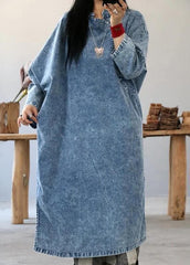 Beautiful cotton dress Fashion Retro Solid Color Frog Denim Blue Loose Dress FDL190726