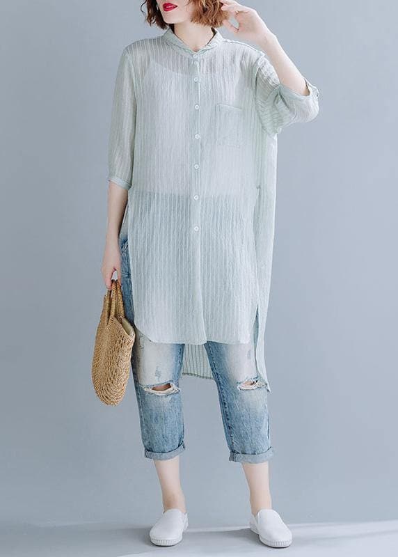 Beautiful light green cotton clothes For Women stand collar oversized shirt CDG200325