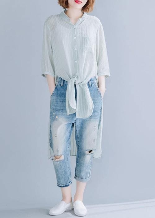 Beautiful light green cotton clothes For Women stand collar oversized shirt CDG200325