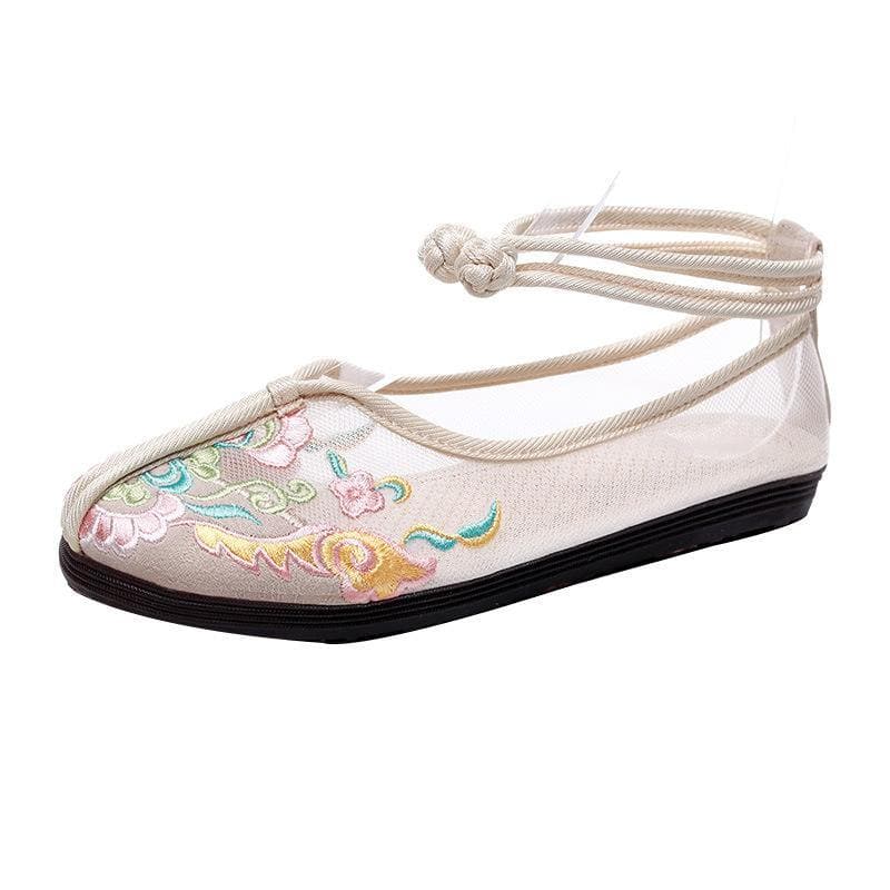 Beige Tulle Embroideried Oriental Flat Shoes PDX210630